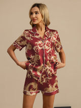 [Wine Dragon] SilkSilky  Short Sleeve Lapel Collar Women's Pajamas 003