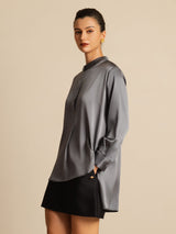 [Dark Gray] SilkSilky  Long Sleeve Stand Collar Blouse 004
