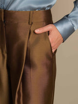 High-waist silk-wool blend wide-leg pants with side pocket, brown satin finish