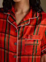 [Red Plaid] SilkSilky Short Sleeve Notch Collar Women's Pajamas 004