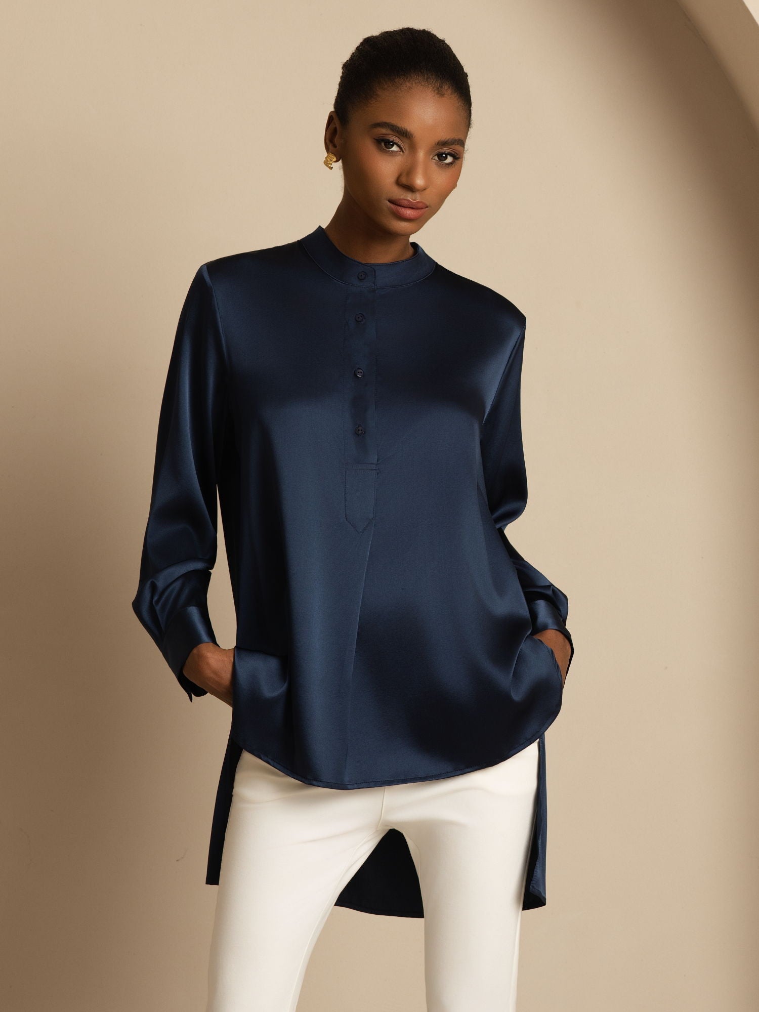 [Dark Blue] SilkSilky  Long Sleeve Stand Collar Blouse 001