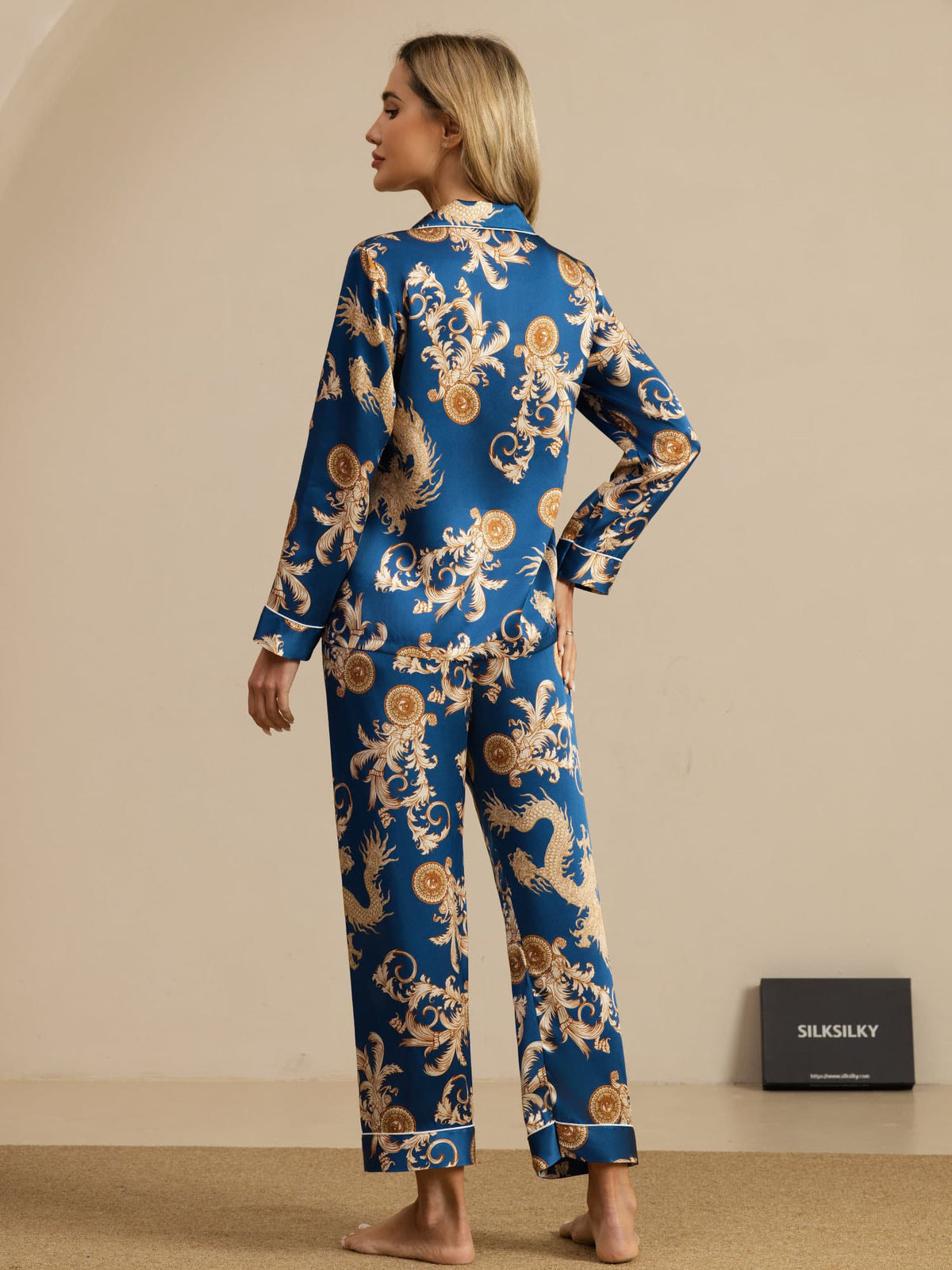 [Navy Dragon] SilkSilky  Long Sleeve Lapel Collar Women's Pajamas 002