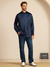 [Dark Blue] SilkSilky Long Sleeve Stand Collar Men''s Shirt 008