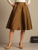 Silk-wool blend A-line midi skirt in brown with pockets and fitted waist