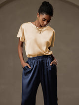 [Champagne] SilkSilky  19Momme Stretch Silk Charmeuse Short Sleeve Boat Neck Women's T-Shirt 010