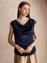 [Dark Blue] SilkSilky  Cap Sleeve Cowl Neck Women's T-Shirt 001