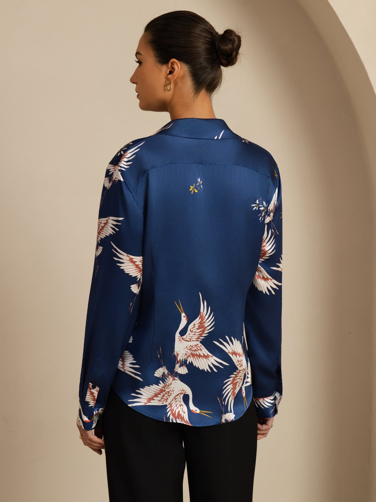 [Dark Blue] SilkSilky  Long Sleeve Lapel Collar Women's Shirt 002
