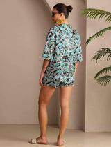 [Teal Botanical] SilkSilky  Half Sleeve Lapel Collar Women's Pajamas 002