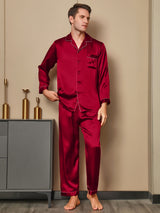 [Red] SilkSilky  Long Sleeve Lapel Collar Men's Pajamas 003