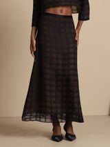 Black textured grid silk high-waist A-line tea-length skirt with sheer overlay