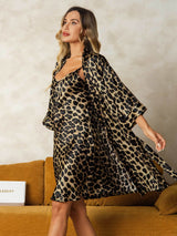 [Leopard] SilkSilky  Pure Silk V Neck Nightgown&Robe Set 004,