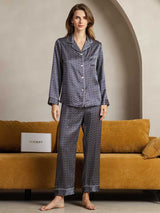 [Navy Ginkgo] SilkSilky  Long Sleeve Lapel Collar Women's Pajamas 003