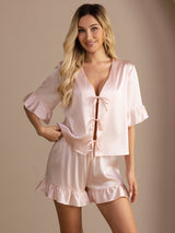 [Pink] SilkSilky  Short Sleeve V Neck Women's Pajamas 001