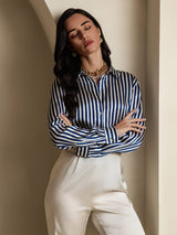 [Navy Stripe] SilkSilky  Long Sleeve Lapel Collar Women's Shirt 002