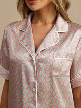 [Pink Heart Geo] SilkSilky  Short Sleeve Lapel Collar Women's Pajamas 004