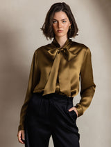 [Brown] SilkSilky  19Momme Stretch Silk Charmeuse Long Sleeve Tie Neck Blouse 006