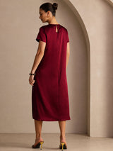 [Dark Red] SilkSilky  Short Sleeve Crew Neck Dress 002