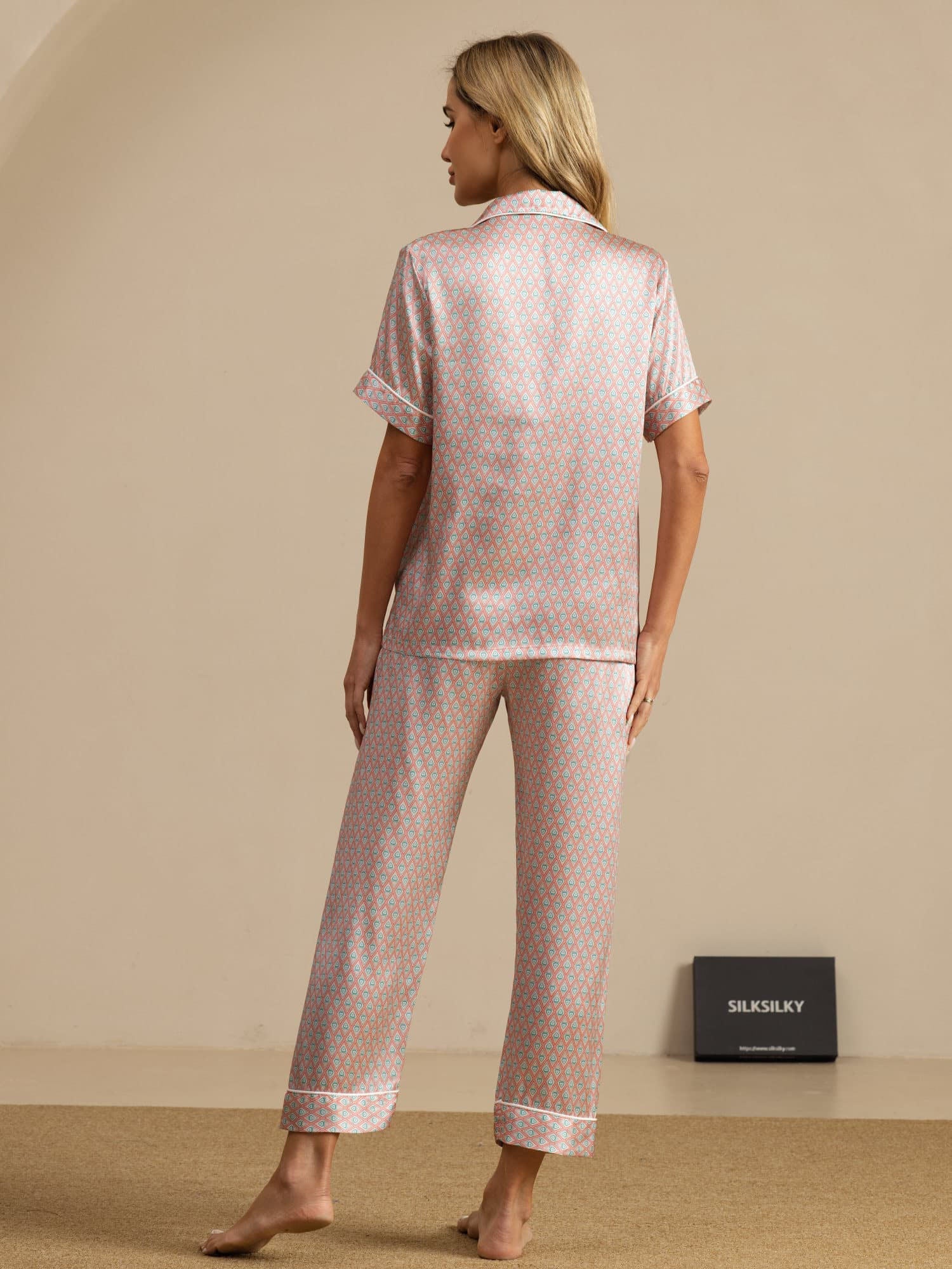 [Pink Heart Geo] SilkSilky  Short Sleeve Lapel Collar Women's Pajamas 002