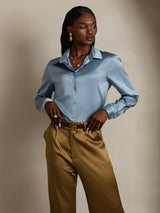 [Grayish Blue] SilkSilky  Long Sleeve Lapel Collar Women's Shirts 004