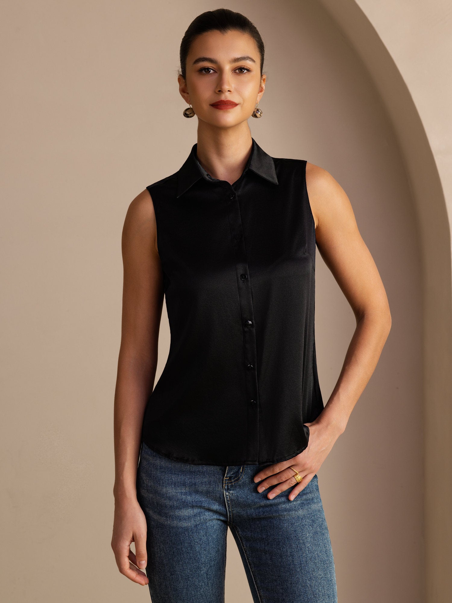 [Black] SilkSilky  Sleeveless Lapel Collar Women's Shirts 001