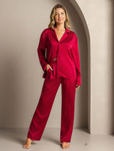 Women’s red washable silk pajama set with long sleeve notch collar and wide-leg pants