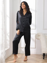 [Black] SilkSilky  Long Sleeve Lapel Collar Women's Pajamas 004