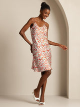 White silk cherry print spaghetti strap short dress with straight fit