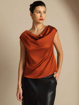 [Caramel] SilkSilky  Cap Sleeve Cowl Neck Women's T-Shirt 005