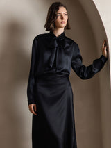 [Black] SilkSilky  Long Sleeve Tie Neck Women's Blouse 004