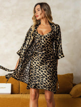 [Leopard] SilkSilky  Pure Silk V Neck Nightgown&Robe Set 006,