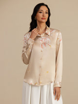 Beige 19 momme pure silk long sleeve blouse with crane print and lapel collar