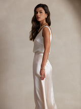 [White] SilkSilky  19Momme Stretch Silk Charmeuse Sleeveless Scoop Neck Camisole Top 006