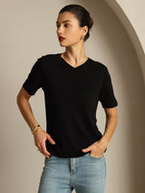 [Black] SilkSilky  Short Sleeve V Neck Women's T-Shirt 006