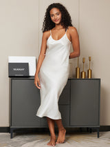 [White] SilkSilky  Spaghetti Strap V Neck Nightgown 004