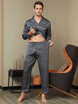 [Navy Ginkgo] SilkSilky  Long Sleeve Lapel Collar Men's Pajamas 009