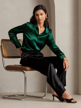 [Dark Green] SilkSilky  Long Sleeve Lapel Collar Women's Shirt 003
