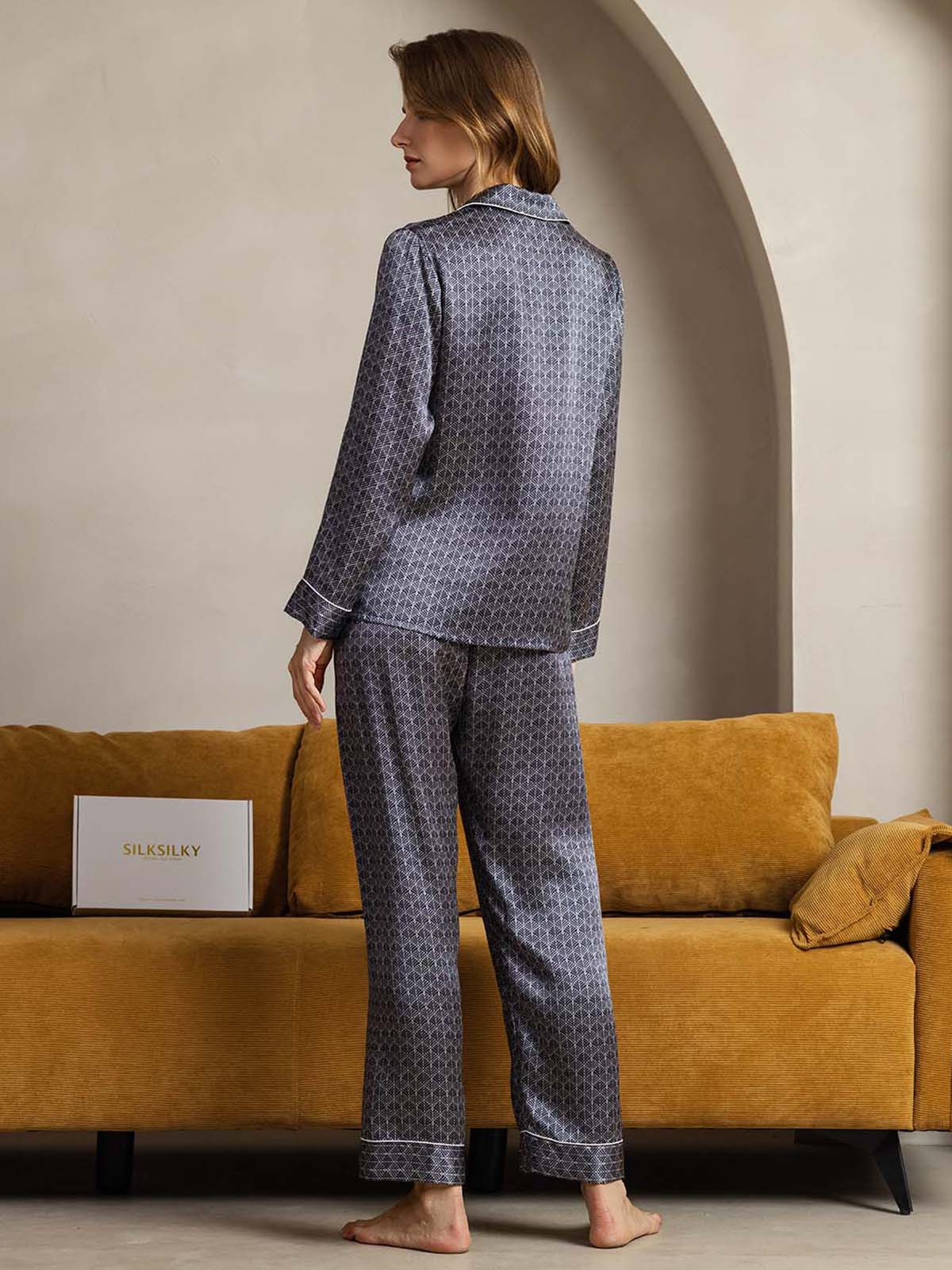 [Navy Ginkgo] SilkSilky  Long Sleeve Lapel Collar Women's Pajamas 002
