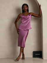 [Deep Purple] SilkSilky  19Momme Stretch Silk Charmeuse Spaghetti Strap Cowl Neck Camisole Top 006