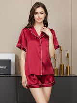 [Wine] SilkSilky  Short Sleeve Lapel Collar Women's Pajamas 003