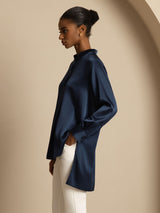 [Dark Blue] SilkSilky  Long Sleeve Stand Collar Blouse 003