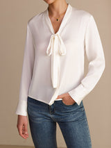 [White] SilkSilky Long Sleeve Tie Neck Women's Blouse 006
