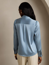 [Grayish Blue] SilkSilky  19Momme Stretch Silk Charmeuse Long Sleeve Tie Neck Blouse 002