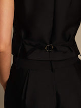 Black silk-wool blend women’s vest with back waist belt and square buckle