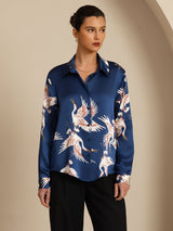 [Dark Blue] SilkSilky  Long Sleeve Lapel Collar Women's Shirt 004