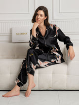 [Black] SilkSilky  Long Sleeve Lapel Collar Women's Pajamas 001