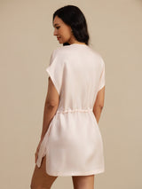 Pale pink silk Henley neck short dress with cap sleeves and drawstring waist