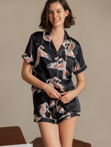 [Black] SilkSilky  Short Sleeve Lapel Collar Women's Pajamas 001