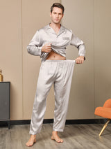 [Gray] SilkSilky  Long Sleeve Lapel Collar Men's Pajamas 005