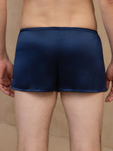 Dark blue pure silk men's boxer briefs with smooth finish and mid-rise waist