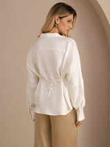 [White] SilkSilky Long Sleeve Split Women's Blouse 002